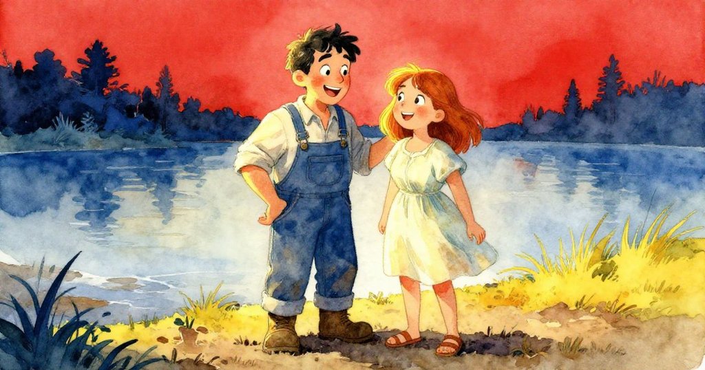 鮑里斯與溫倫在河岸上互致微笑慶祝成功，溫暖光線照耀下慶祝團隊合作，背景流水柔和安寧，充滿喜悅。