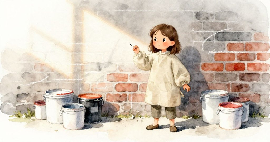 Tara 穿著淡米色工作服站在老磚牆前，用滾筒輕觸油漆，平靜中流露創作期待，畫桶和粉筆線隱約可見。