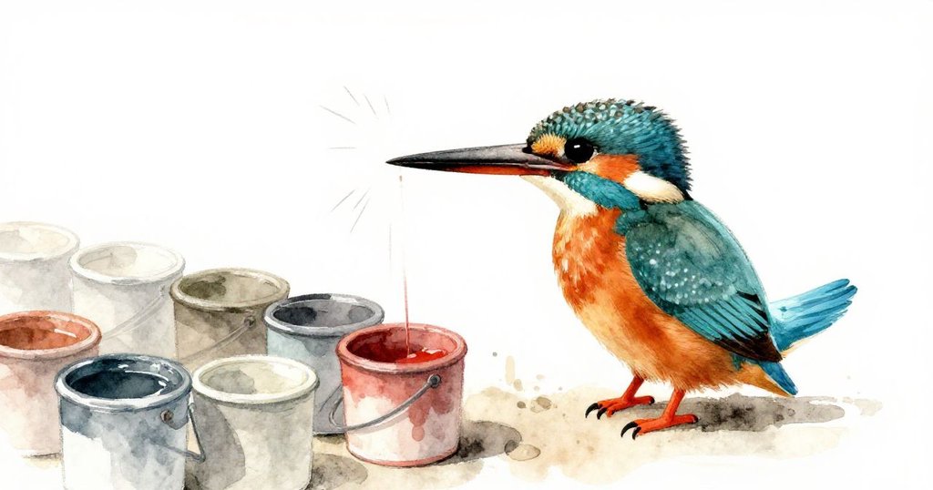 翠鳥在油漆桶上方翩翩起舞，用細喙輕碰攪拌棒，引發桶蓋節奏敲擊，視角俏皮且富有動感。