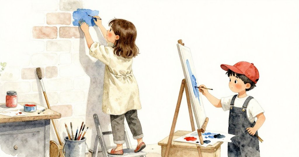 York 在高處專注抹藍色油漆，Tara 在低層細心融合色彩，陽光灑在磚牆上，場景充滿合作與創意。