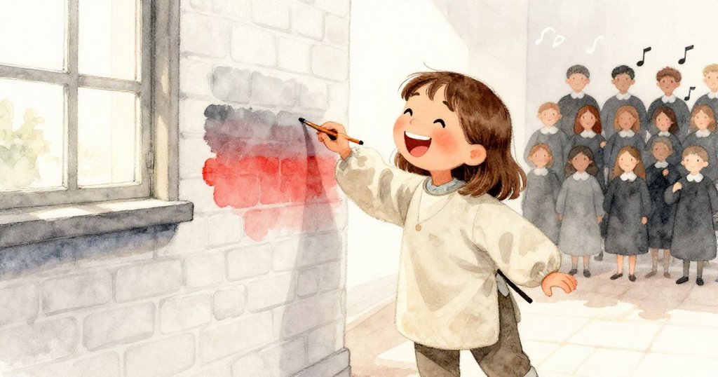 Tara 开心大笑欣賞磚牆上多層次疊色，窗外傳來合唱團旋律，暖光映照著創作現場，滿懷喜悅與滿足。