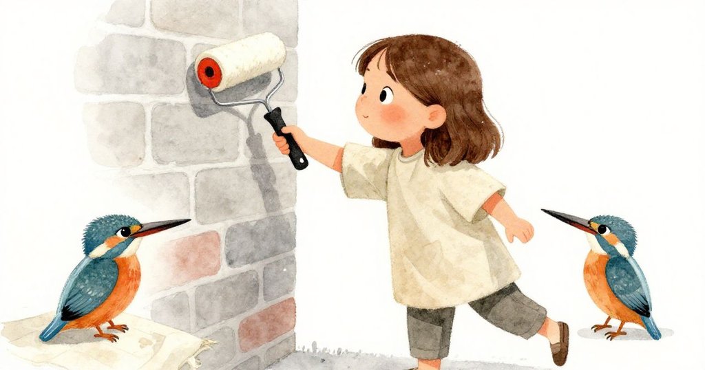 Tara 在夜幕降臨時拿著備用滾筒細心補色，柔和光線映照她的堅毅神情，好奇翠鳥靜靜靠近，充滿依依惜別情懷。