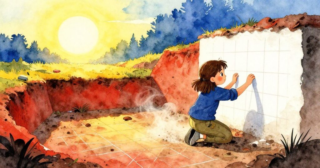 Dinah在露天挖掘坑中跪著,她放下鏟子於粉筆牆旁,晨曦中網線緊繃、塵霧繚繞,神情專注而好奇。