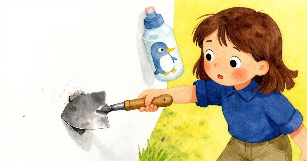 Dinah伸手持鏟子接觸粉筆牆,粗糙灰色小塊剛被抓起,水瓶上俏皮鴨嘴獸圖案閃過,神情驚奇。