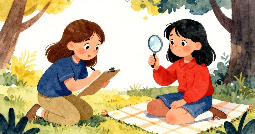 在樹蔭下,Ivy一邊畫板作畫,一邊觀察Dinah坐在毯上使用放大鏡,二人互動中充滿好奇與創意。