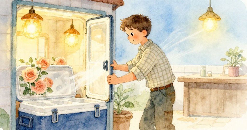 萊爾在溫暖燈光下打開冷藏櫃門釋放涼意，包裝台和內部桃玫瑰清晰展現故事開端。