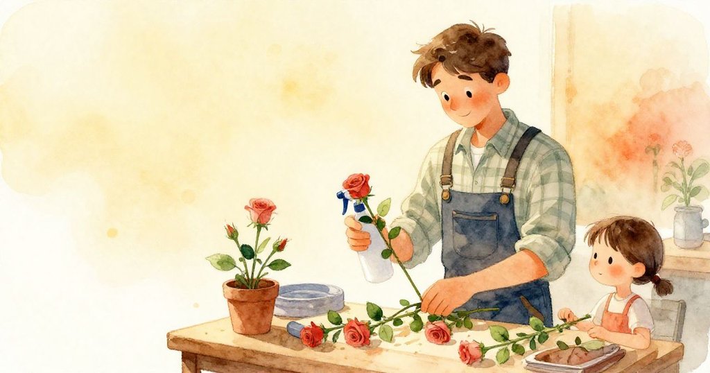 萊爾在包裝台前細數桃玫瑰，手持噴霧瓶，背景空曠簡潔，表情專注思索補齊花束。