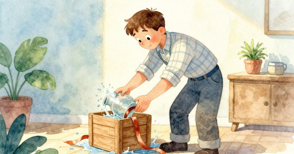 萊爾在新角落中扶正傾斜的花瓶並移動舊箱子，水花灑在銅絲帶上，畫面充滿緊湊動感。