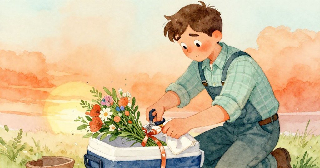 萊爾面對關鍵時刻，先將花束妥放冷藏櫃，再用毛巾與剪刀細緻理順糾結絲帶，表情堅定。