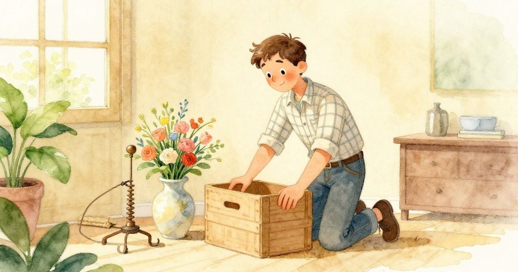 萊爾細心調整箱子與紡錘，將稍微變化的花束置於花瓶旁，在金色燈光下展現出滿足與恬靜感。