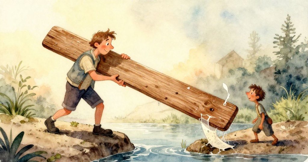 莉莉遠處注視著一旁放有綠色稻苗的托盤和沉重木板，自然與勞作在柔和光線中形成對比。