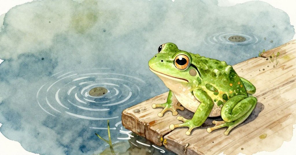 青蛙從低角度注視奧斯卡猛拉木板，水面激起漣漪，蝌蚪在光影中游動，青蛙神情好奇且警覺。