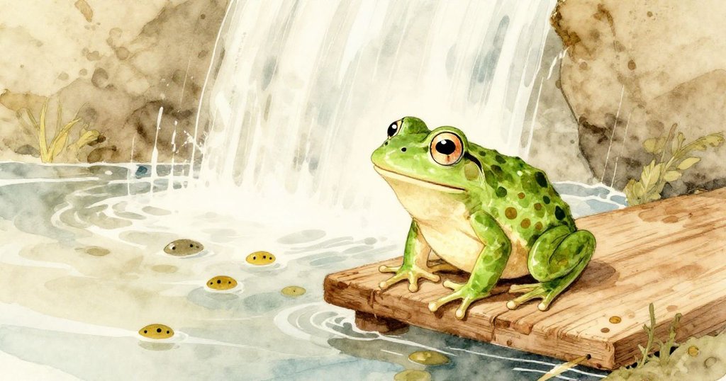 水流急湍中蝌蚪四散，青蛙穩坐木板上，濕潤的河堤與動感水流展現自然激烈反應。
