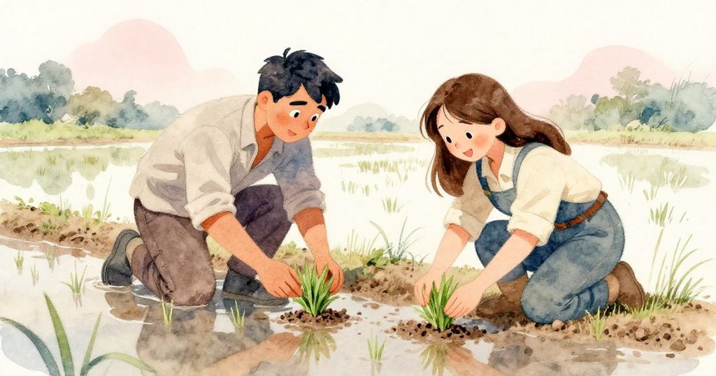 奧斯卡與莉莉在穩固的水田邊合作重置稻苗，臉上流露出輕鬆和喜悅，顯示團隊默契。