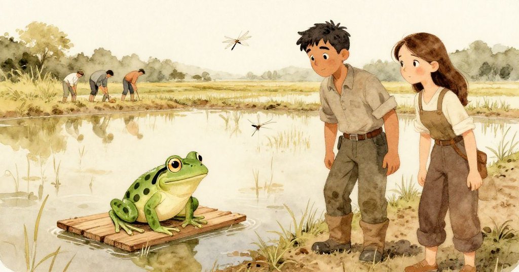 恢復平衡的稻田全景展示奧斯卡與莉莉遠處忙碌，青蛙靜守木板，蜻蜓在暖光中翩翩飛舞，自然和諧。
