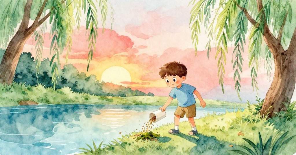 Glen在傾斜構圖中站在池塘邊，紙杯散落海藻與穀粒，傍晚光影下他表情好奇，展開冒險之旅