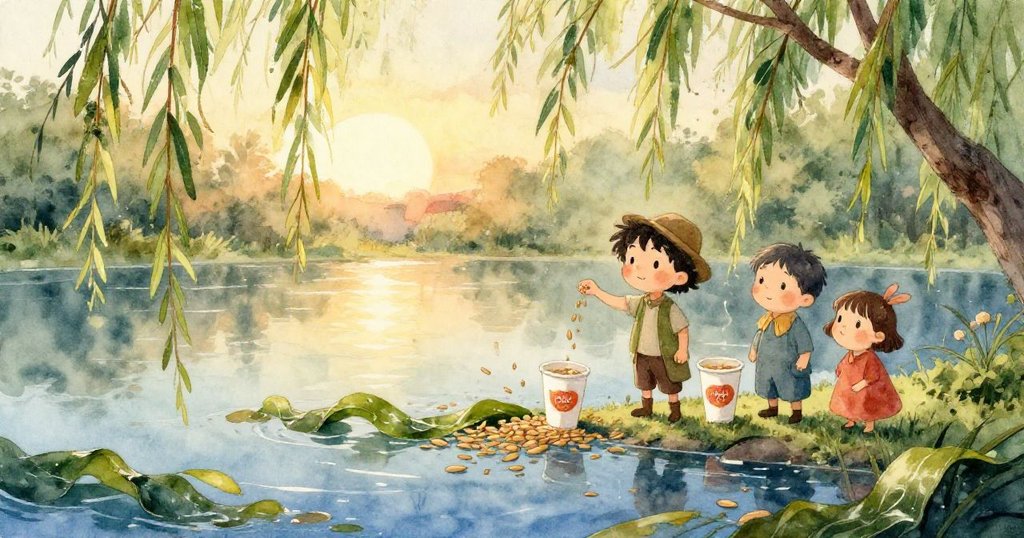 Glen的手專注拿著冰棒棍，輕輕推動花生粒沿著花崗岩邊緣移向池塘，畫面細膩而溫暖