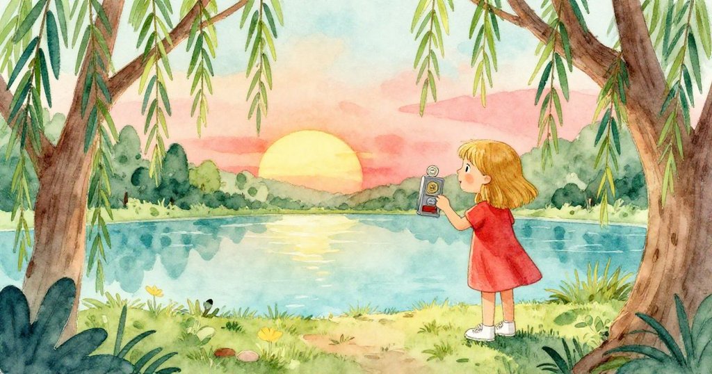 Lily透過垂柳間隙出現，輕敲投幣機，神情好奇注視著池塘中活潑的水波