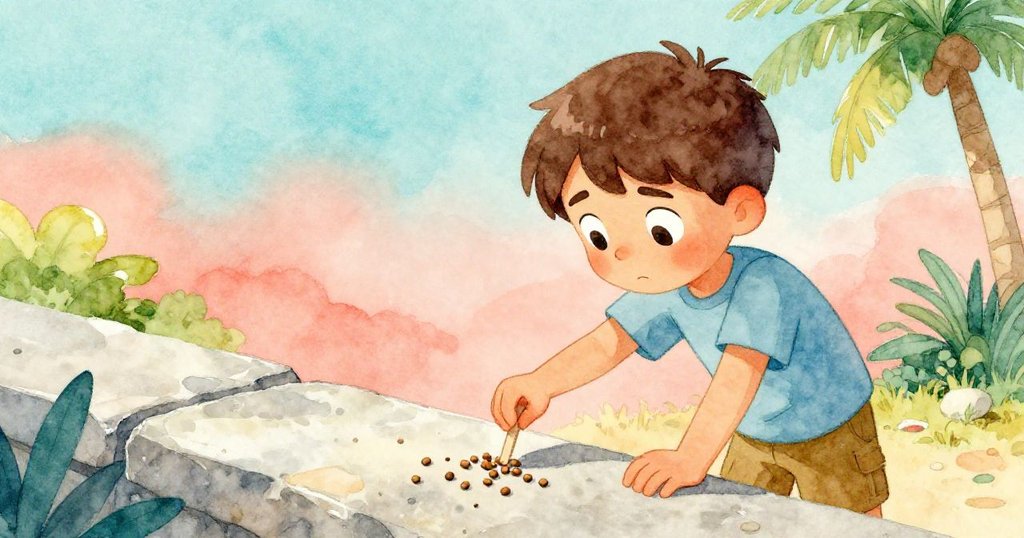 Glen面對散落花生粒，以冰棒棍細心推動，表情中流露出堅定與溫柔的努力