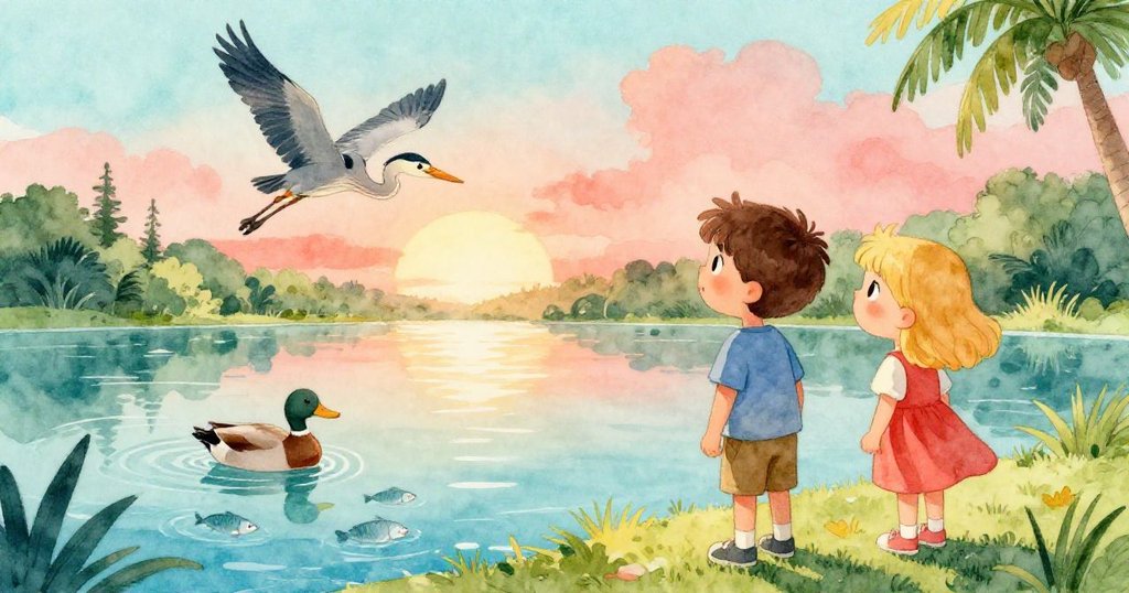 Glen與Lily一同望向遼闊池塘，見鴨子搶食、鷺鷥展翅，銀色魚群在水中盤旋，散發著希望與未來