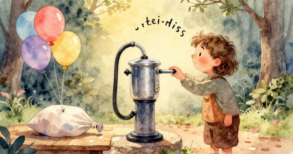 奈亞爾眼神專注,仔細注視著氣球充氣口,背景柔和的光線襯托出他內心的好奇與期待。