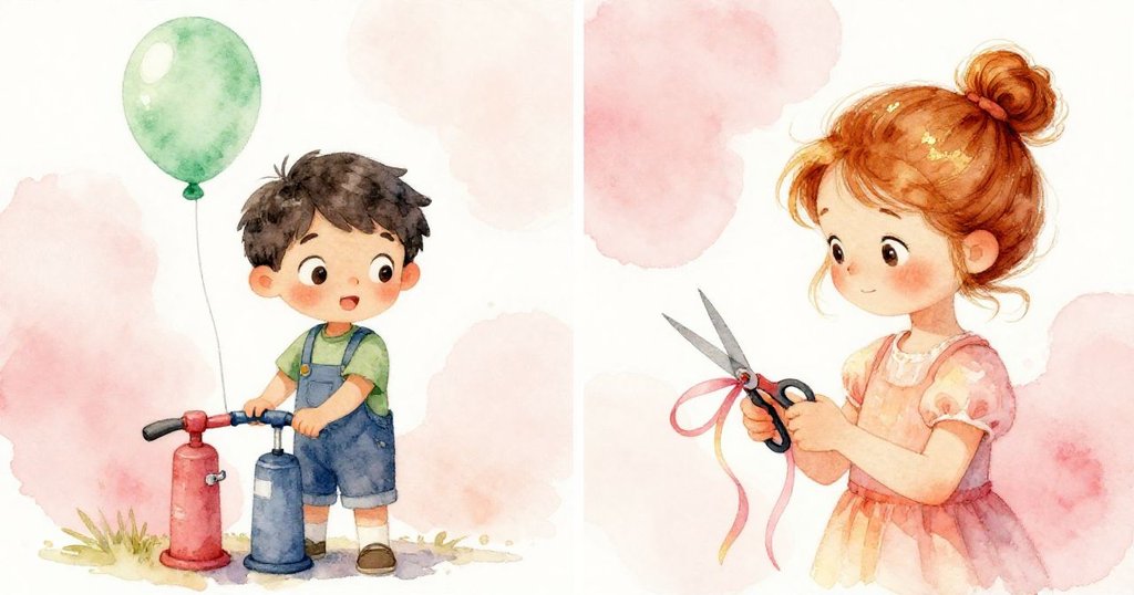 畫面左右分割,左側奈亞爾用力充氣氣球,右側科蕾特專注剪裁緞帶,兩者動作協調展現節日忙碌情景。