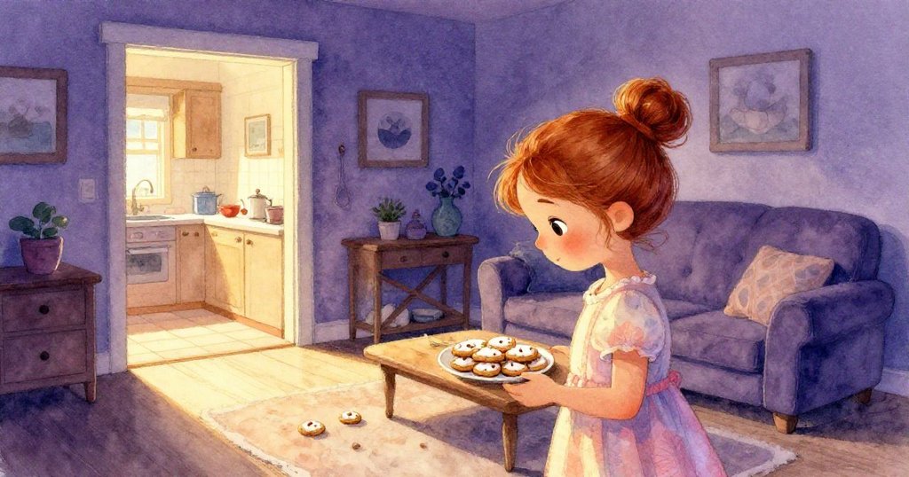 隨著光線從溫暖金黃轉為深邃紫影,客廳與廚房入口間展現出午後至傍晚的靜謐時光,科蕾特柔和整理緞帶。