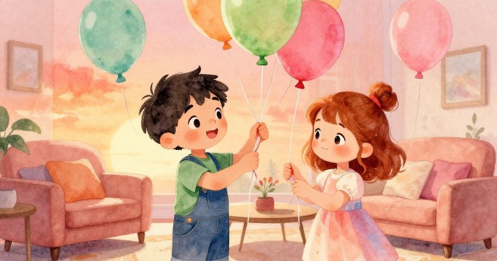 奈亞爾與科蕾特在節慶客廳中互動協作,快樂地將緞帶繫於氣球上,彼此微笑散發出濃濃溫馨氣息。