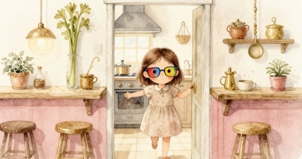 艾拉走進晨光照耀的廚房，透過窗戶映出彩色水柱與芹菜塔，臉上充滿期待與好奇。