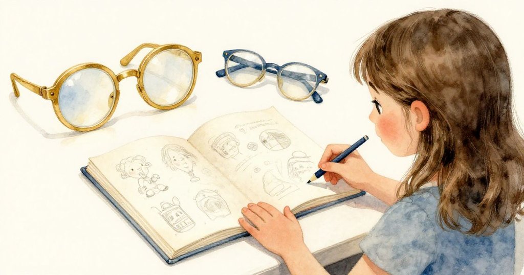 從艾拉背後看她的筆記本，筆記上滿是草圖和箭頭，桌上彩色玻璃實驗引起她全神貫注的思考。