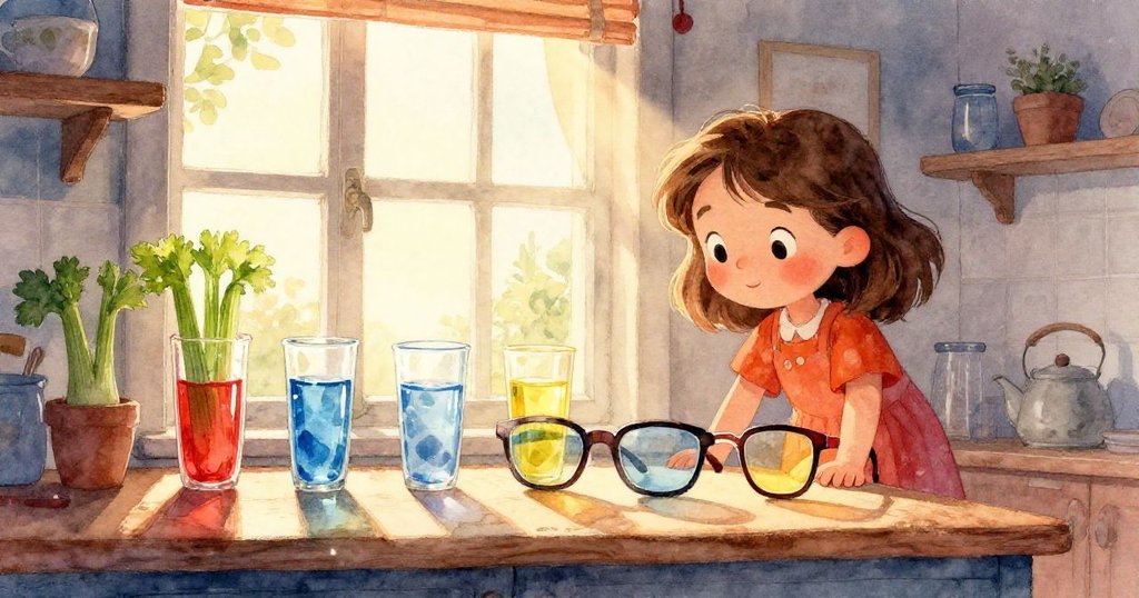 廚房中溫暖日光照射紅玻璃，微風吹拂藍玻璃，窗外盛開花朵暗示季節變遷，艾拉靜觀變化。