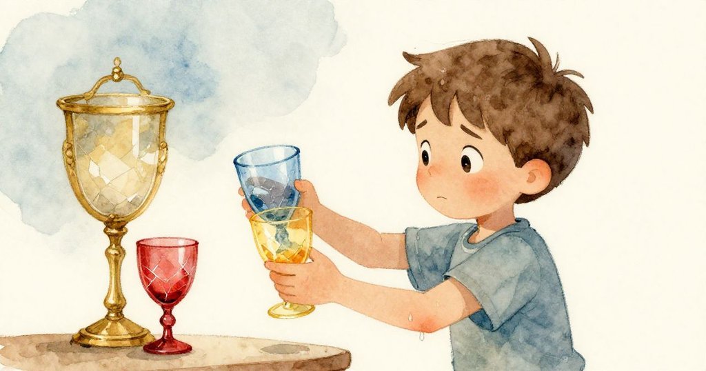 瑞斯從花園進入廚房，濕潤衣袖流露決心，調換玻璃時發現紅玻璃出現裂痕，氣氛微妙。