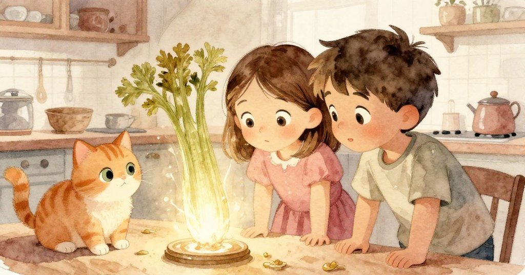 艾拉與瑞斯肩並肩，靜靜觀察染料在芹菜莖中流動，家貓旁伴，溫馨場景展現平靜結局。