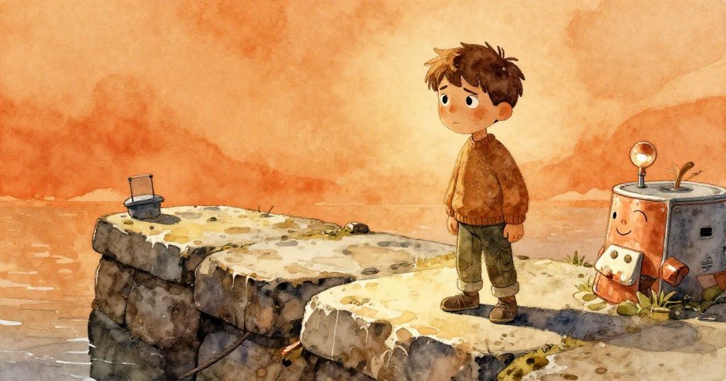 Jonas在碼頭上堅定操作，手觸岩石，夕陽與陰影交織，情緒莊重，鋪展故事起點。