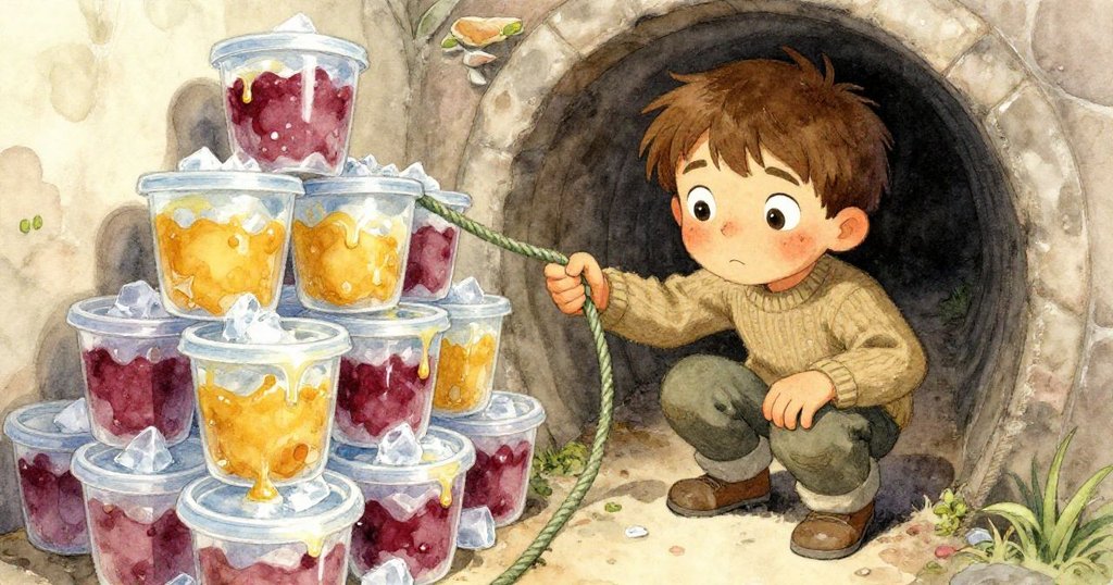 Jonas蹲伏於塑料桶堆旁，變形視角下繩索穿隙而過，呈現緊迫又神秘場景。