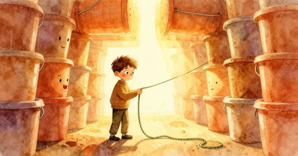 Jonas小心穿繩於塑料桶形成的異形通道中，陽光穿透，場面超現實，充滿奇妙光影效果。