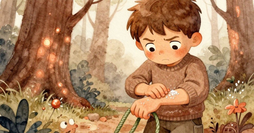 Jonas面部表情專注深沉，手擦袖口感受鹽晶與繩索拉扯，內心掙扎一觸即發。