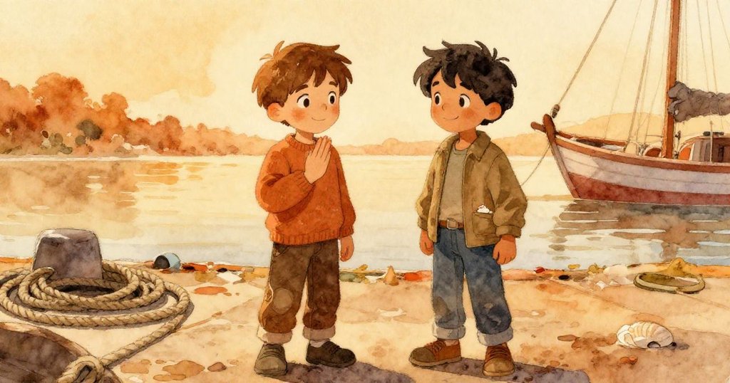 Felix舉手感謝，Jonas微笑收貝殼於暖日碼頭，場景寧靜溫馨，故事迎向結局。