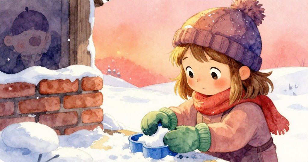 優薩聚精會神地用藍色模具捏雪，細膩動作於雪花映襯下展現溫暖專注與創造力。