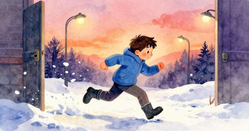 奧托迅速奔向雪堆整理腳印，遠處門口透出燈光，故事餘韻無限延展。