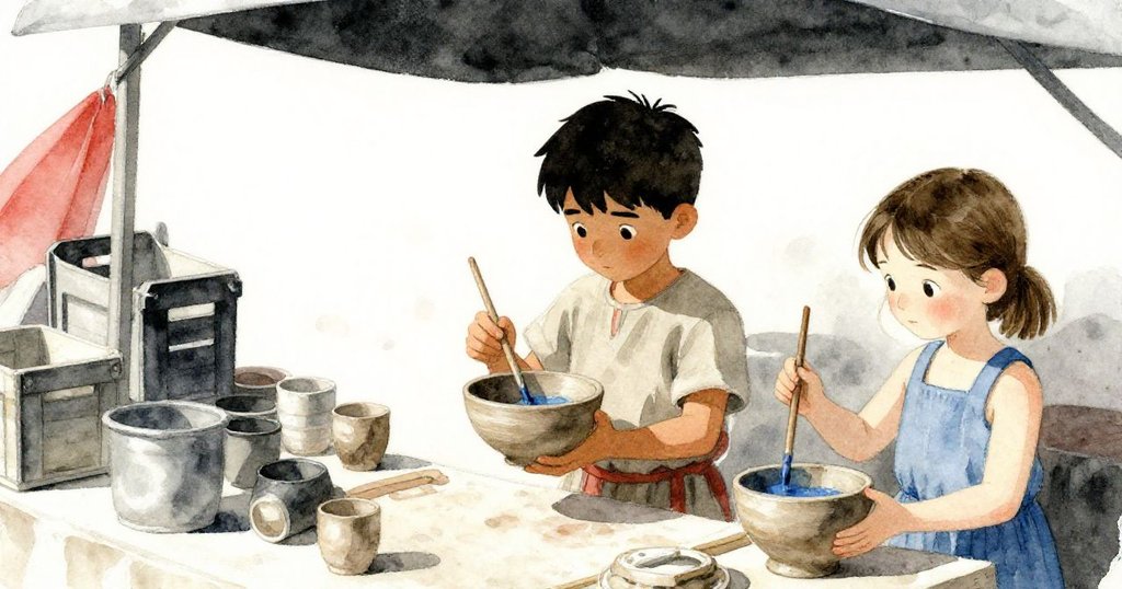 Xander穩握陶碗，Fleur輕沾藍釉，在熱鬧市集前寧靜中展現專注創作，光影柔和氣氛平靜。