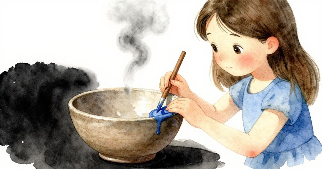 Fleur輕觸陶碗邊緣，藍釉細節清晰，溫柔手法展現創作過程與空白寧靜氛圍。