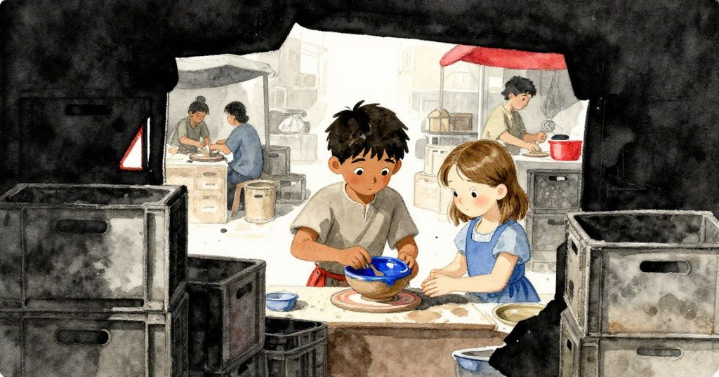 透過堆敘貨箱的縫隙觀察Xander與Fleur在市集忙碌中協作，背景人潮與攤位細節豐富。