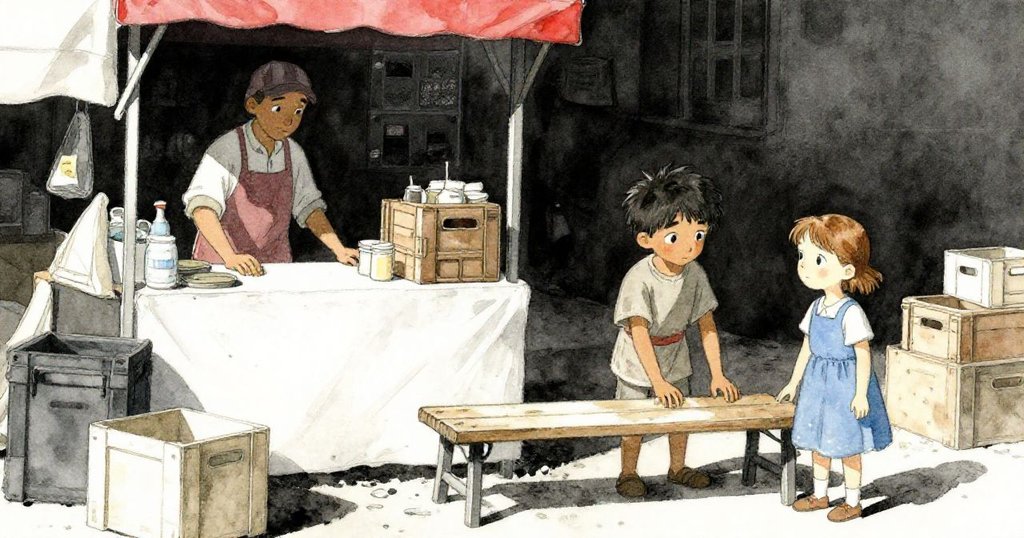 在隱蔽堆箱後空間，廠商尋找顏料，Xander與Fleur調整工作位置，隱含緊張氣氛與合作精神。