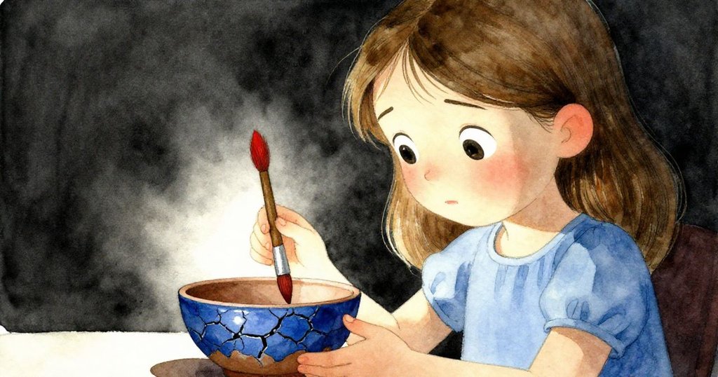 Fleur凝視龜裂藍釉，眉間微蹙，手中畫筆停頓，展現創作中內心掙扎與專注情緒。