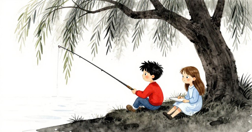 福洛德在大垂柳下揮竿釣魚,羅莎坐在河畔專注畫畫,動態構圖呈現初始冒險與期待。