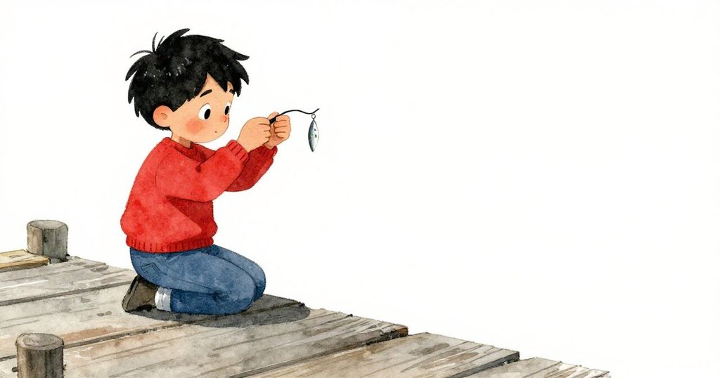 福洛德在岸邊設備區細心將小餌安裝在魚鉤上,空曠背景襯托出他專注穩定的姿態。