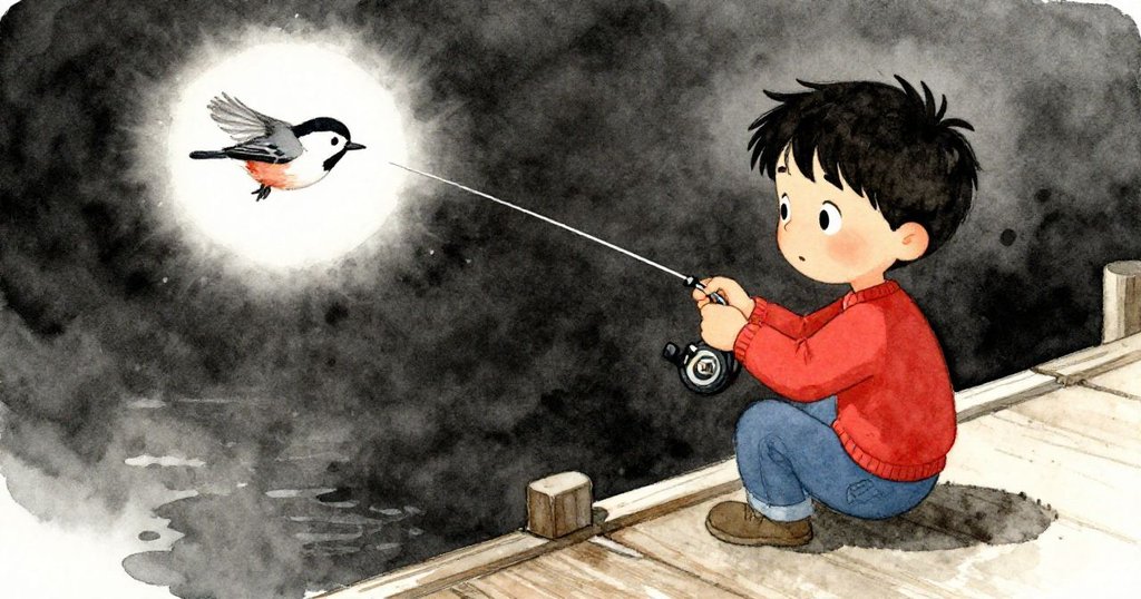 福洛德在碼頭與水面交界處調釣線時,一隻小鳥驚飛出現,過渡空間中呈現出瞬間動感與寧靜。