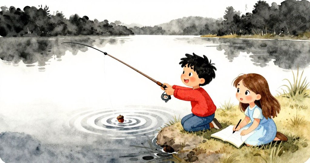 橡果引起漣漪擴散,羅莎滿臉歡笑專注繪畫,福洛德穩定釣竿,場景充滿生動歡慶情緒。