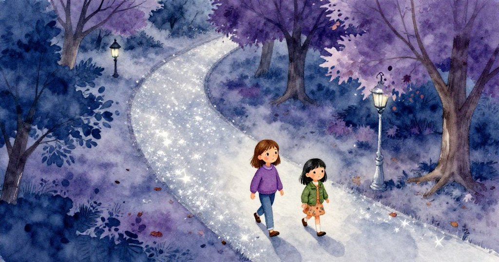 在朦朧公園中，Gemma和Clara沿著閃爍燈籠小徑起步，從空中看見秋葉和樹影，神情充滿期待與好奇